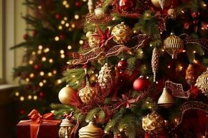 ai generato Natale albero con classico ornamenti e decorazioni, inglese nazione Casa e Villetta stile, allegro Natale e contento vacanze auguri, generativo ai foto