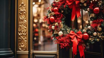 ai generato Natale decorazione dettagli su inglese styled lusso alto strada città memorizzare porta o shopping finestra Schermo, vacanza vendita e negozio arredamento foto