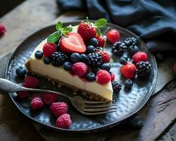 ai generato fatti in casa torta di formaggio con fresco frutti di bosco su rustico di legno sfondo. foto