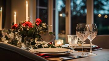 ai generato festivo Data notte tablescape idea, cena tavolo ambientazione per Due e Natale, nuovo anno, san valentino giorno arredamento, inglese nazione casa messa in piega foto