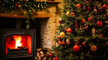 ai generato Natale albero decorazioni per il inglese nazione villetta, casa arredamento, Casa nel il campagna e vacanza celebrazione foto