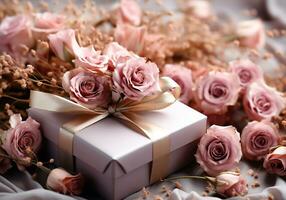 ai generato romantico Immagine di un' regalo e secco Rose per invito carta o altro usi. San Valentino giorno foto