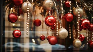 ai generato Natale decorazione dettagli su inglese styled lusso alto strada città memorizzare porta o shopping finestra Schermo, vacanza vendita e negozio arredamento foto