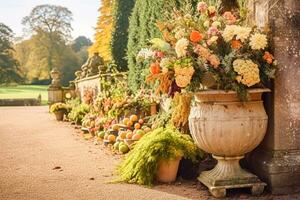 ai generato floreale decorazione, nozze arredamento e autunno vacanza celebrazione, autunnale fiori e evento decorazioni nel il inglese campagna giardino, nazione stile foto