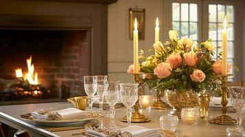 vacanza celebrazione tavolo arredamento, festivo tablescape nel cenare camera, candele e fiori decorazione per formale famiglia cena nel il inglese nazione Casa, campagna interno design foto