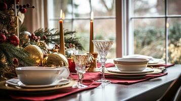 ai generato Natale vacanza famiglia colazione, tavolo ambientazione arredamento e festivo tavolozza, inglese nazione e casa messa in piega foto