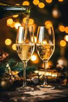 ai generato scintillante vino, proseco o Champagne nel davanti di un' camino su un' vacanza vigilia celebrazione, allegro Natale, contento nuovo anno e contento vacanze foto