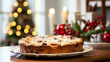 ai generato Natale torta, vacanza ricetta e casa cottura al forno, pasto per accogliente inverno inglese nazione cena nel il villetta, fatti in casa cibo e Britannico cucina foto