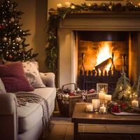 ai generato Natale, vacanza arredamento e nazione Villetta stile, accogliente atmosfera, decorato Natale albero nel il inglese campagna Casa vivente camera con il camino, interno decorazione foto