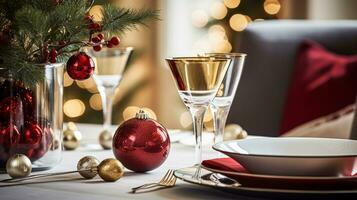 ai generato Natale vacanza famiglia colazione, tavolo ambientazione arredamento e festivo tavolozza, inglese nazione e casa messa in piega foto