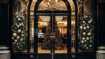 ai generato Natale decorazione dettagli su inglese styled lusso alto strada città memorizzare porta o shopping finestra Schermo, vacanza vendita e negozio arredamento foto