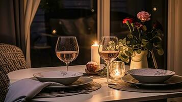 ai generato festivo Data notte tablescape idea, cena tavolo ambientazione per Due e Natale, nuovo anno, san valentino giorno arredamento, inglese nazione casa messa in piega foto