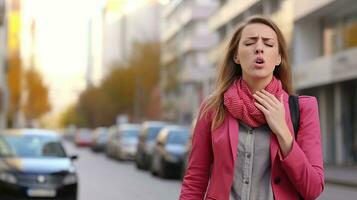 ai generato donna tosse su città strada. aria inquinamento concetto foto