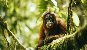 ai generato orangutan seduta su albero ramo nel tropicale foresta foto