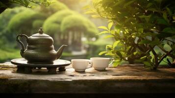 ai generato tranquillo ambientazione con un' teiera e tazza su anziano pietra tavolo in mezzo meravigliosamente ben curato giardino, suggerendo pace e rilassamento. giapponese tè cerimonia. Perfetto per benessere foto
