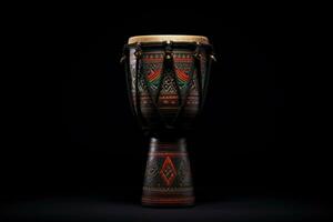 ai generato darbuka tamburo su nero sfondo. tradizionale percussione musicale strumento di arabo cultura. Perfetto per musicale disegno, articolo, blog, sociale media inviare, album coperchio, manifesto. foto