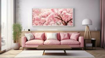 ai generato moderno vivente camera con rosa divano e un' grande ciliegia fiorire opera d'arte. il camera è ben illuminato con contemporaneo arredamento, fabbricazione esso ideale per casa arredamento Annunci foto