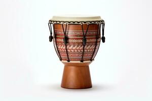 ai generato darbuka tamburo su bianca sfondo. tradizionale percussione musicale strumento di arabo cultura. adatto per musicale disegno, articolo, blog, sociale media inviare, album coperchio, manifesto foto