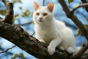 ai generato arboreo fascino un' bianca gatto su un' albero ramo Aggiunge un' toccare di eleganza foto