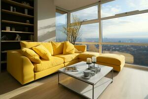 ai generato moderno accogliente appartamento con panoramico finestra, giallo divano, e tv foto