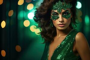 ai generato giovane affascinante brunetta con luminosa trucco nel un' verde masquerade maschera e lustrino vestito su un' scintillante verde sfondo. bandiera con copia spazio. ideale per moda, evento promozioni, foto