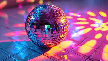 ai generato un' classico neon discoteca palla riflette colorato luci su un' danza pavimento, ideale per festa e evento temi. foto