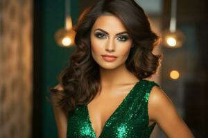 ai generato giovane elegante affascinante brunetta con luminosa trucco nel un' verde lustrino vestito su un' scintillante bokeh verde sfondo. ideale per moda, evento promozioni, o lusso soddisfare foto