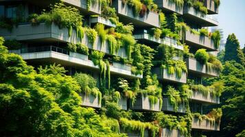 ai generato eco architettura. un' edificio facciata coperto con vivace verde impianti nel il cuore di il città. Perfetto per in mostra innovativo e eco-friendly disegni foto