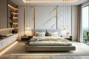 ai generato appartamenti moderno Camera da letto interno con lussuoso arredamento, scandinavo design concetto foto