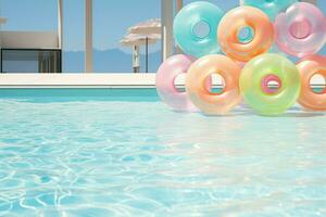 ai generato bordo piscina fascino 3d rendere di nuoto piscina con pastello galleggia foto