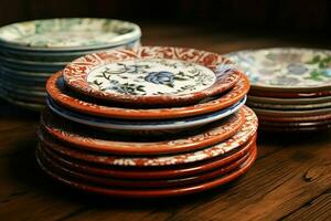 ai generato un' pila di rustico ceramica piatti ogni ornato foto