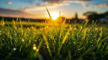 ai generato verde erba con rugiada gocce a tramonto o Alba. natura sfondo foto