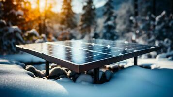 ai generato solare pannelli su il campo nel inverno. fotovoltaico moduli per innovazione verde energia. foto