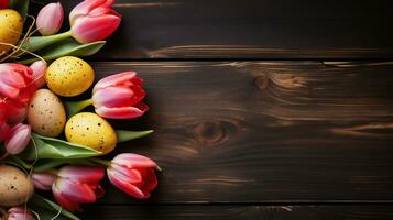 ai generato Pasqua uova e tulipani su di legno sfondo. superiore Visualizza con copia spazio foto