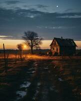 ai generato bellissimo rurale paesaggio con vecchio di legno Casa a tramonto nel il campagna foto