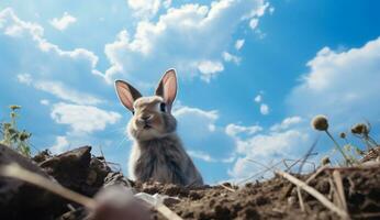 ai generato coniglio su il sfondo di il blu cielo e il sole. foto