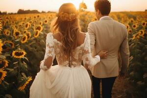 ai generato sposa e sposo su il sfondo di un' campo di girasoli, un' boho nozze nel un' girasole campo, ai generato foto