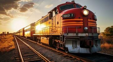 ai generato treno su il rotaie, treno su il ferrovia, treno nel movimento, treno su il stazione foto