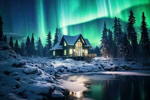 ai generato aurora boreale, settentrionale luci al di sopra di di legno Casa nel inverno foresta, ai generato foto