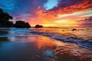 ai generato bellissimo tramonto su il spiaggia a seychelles, praslin, ai generato foto