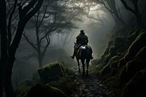 ai generato uomo equitazione un' cavallo nel il nebbioso foresta. fantasia paesaggio, ai generato foto