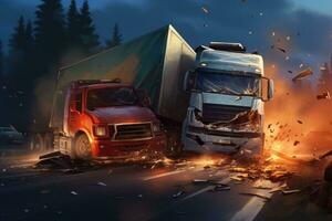 ai generato camion schianto su il strada a notte. collage. 3d rendering, illustrare un' auto schianto incidente coinvolgere un' tir camion su il strada, ai generato foto