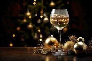 ai generato bicchieri di Champagne e Natale decorazioni su di legno tavolo al di sopra di blu bokeh sfondo, Champagne bicchiere ornato con Natale palline, ai generato foto