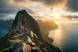 ai generato uomo in piedi su superiore di un' roccia e Guardando il tramonto su il Faroe isole, scalatore si arrampica il grande roccia, alto montagne lofoten isola, iper Northen luce, mezzanotte sole, ai generato foto