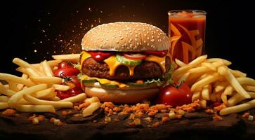 ai generato hamburger e patatine fritte su astratto sfondo, Fast food sfondo, hamburger e patatine fritte su il tavolo, Fast food bandiera foto