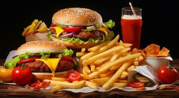 ai generato hamburger e patatine fritte su astratto sfondo, Fast food sfondo, hamburger e patatine fritte su il tavolo, Fast food bandiera foto