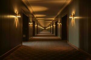 ai generato scarsamente illuminata interno lungo Hotel corridoio. creare ai foto