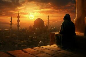 ai generato islamico tramonto moschea. tacchino Islam foto