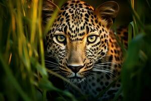 ai generato selvaggio leopardo campo erba animale. creare ai foto