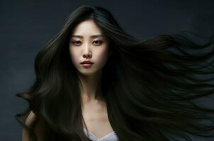 ai generato allegro sorridente asiatico lungo capelli donna. creare ai foto